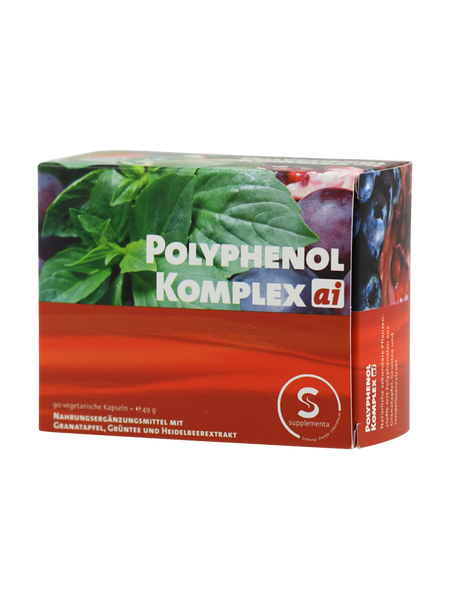 Verpackung eines Nahrungsergänzungsmittels mit Polyphenolen, Granatapfel, Grüntee und Heidelbeerextrakt. Enthält 90 vegetarische Kapseln.