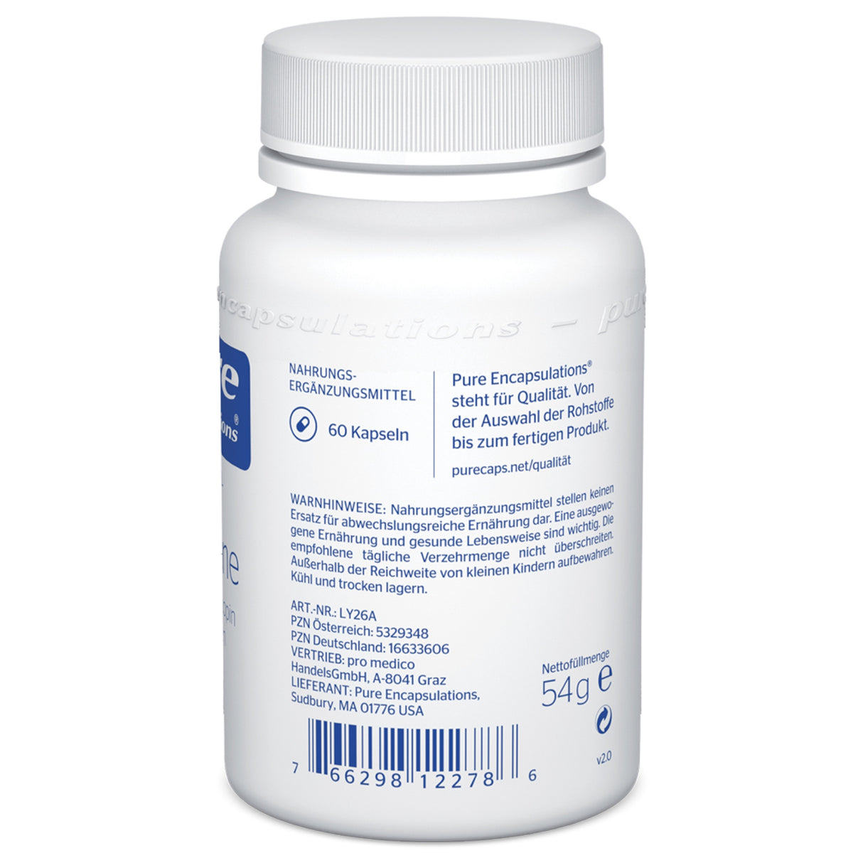 Eine weiße Plastikflasche mit einem Schraubverschluss, die 60 Kapseln eines Nahrungsergänzungsmittels enthält. Die Flasche zeigt das Logo von Pure Encapsulations und enthält verschiedene Informationen wie Warnhinweise, Lagerhinweise und eine Website-Adresse. Auf der Flasche sind auch Strichcodes und Produktnummern sichtbar.