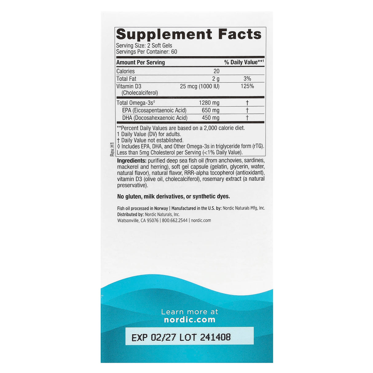 Nahrungsergänzungsmittel-Etikett mit Inhaltsstoffen, Nährwerten und Omega-3-Gehalt. Enthält Vitamin D3, keine Gluten oder Milchderivate.