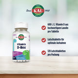 Das Bild zeigt eine Flasche mit dem Produktnamen "Vitamin D-Rex" von der Marke KAL. Die Flasche steht auf einer hellen Oberfläche, im Hintergrund ist ein verschwommener grüner Hintergrund zu sehen. Auf der Flasche sind bunte Dinosaurier abgebildet. Rechts neben der Flasche sind drei Textpunkte mit Häkchen: "600 i. E. Vitamin D aus hochwertigem Lanolin pro Tablette", "Lutschtablette für optimale Aufnahme" und "120 Lutschtabletten pro Packung".