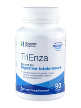 Die Abbildung zeigt eine weiße Flasche des Nahrungsergänzungsmittels TriEnza von Houston Enzymes. Auf dem Etikett steht: "Enzyme for Digestive Intolerances" und "90 Capsules". Die Flasche hat einen weißen Schraubverschluss und das Etikett ist in Blau und Grün gehalten.