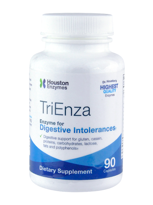 Die Abbildung zeigt eine weiße Flasche des Nahrungsergänzungsmittels TriEnza von Houston Enzymes. Auf dem Etikett steht: "Enzyme for Digestive Intolerances" und "90 Capsules". Die Flasche hat einen weißen Schraubverschluss und das Etikett ist in Blau und Grün gehalten.
