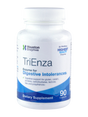 Die Abbildung zeigt eine weiße Flasche des Nahrungsergänzungsmittels TriEnza von Houston Enzymes. Auf dem Etikett steht: "Enzyme for Digestive Intolerances" und "90 Capsules". Die Flasche hat einen weißen Schraubverschluss und das Etikett ist in Blau und Grün gehalten.