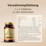 Das Bild zeigt eine Verpackung des Nahrungsergänzungsmittels 'Haut, Haare, Nägel-Komplex' von Solgar. Die Verpackung ist ein braunes Glas mit einem goldenen Deckel. Auf dem Etikett steht 'Für Veganer geeignet' und '60 Tabletten'. Links neben der Verpackung ist eine Tabelle mit der Verzehrempfehlung und den Inhaltsstoffen abgebildet. Die Tabelle gibt an, dass 2 Tabletten pro Mahlzeit empfohlen werden. Inhaltsstoffe wie Methylsulfonylmethan, Rotalge, Vitamin C, L-Lysin, L-Prolin, Zink und Kupfer sind aufgefüh
