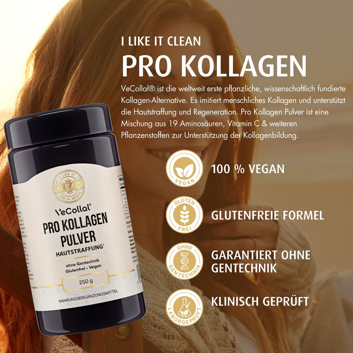 Das Bild zeigt eine Verpackung von 'VeCollal Pro Kollagen Pulver', einem Nahrungsergänzungsmittel. Die Verpackung ist dunkel mit einem beigen Etikett. Auf dem Etikett steht, dass das Produkt 250 g wiegt und ohne Gentechnik, glutenfrei und vegan ist. Um die Verpackung herum sind Symbole und Texte zu sehen, die die Vorteile des Produkts hervorheben, wie z.B. 'Patentierter Markenrohstoff VeCollal', 'Weltweit erste pflanzliche Kollagen-Alternative', 'Identisch zu menschlichem Kollagen', 'Optimale Bioverfügbarke