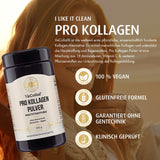 Das Bild zeigt eine Verpackung von 'VeCollal Pro Kollagen Pulver', einem Nahrungsergänzungsmittel. Die Verpackung ist dunkel mit einem beigen Etikett. Auf dem Etikett steht, dass das Produkt 250 g wiegt und ohne Gentechnik, glutenfrei und vegan ist. Um die Verpackung herum sind Symbole und Texte zu sehen, die die Vorteile des Produkts hervorheben, wie z.B. 'Patentierter Markenrohstoff VeCollal', 'Weltweit erste pflanzliche Kollagen-Alternative', 'Identisch zu menschlichem Kollagen', 'Optimale Bioverfügbarke