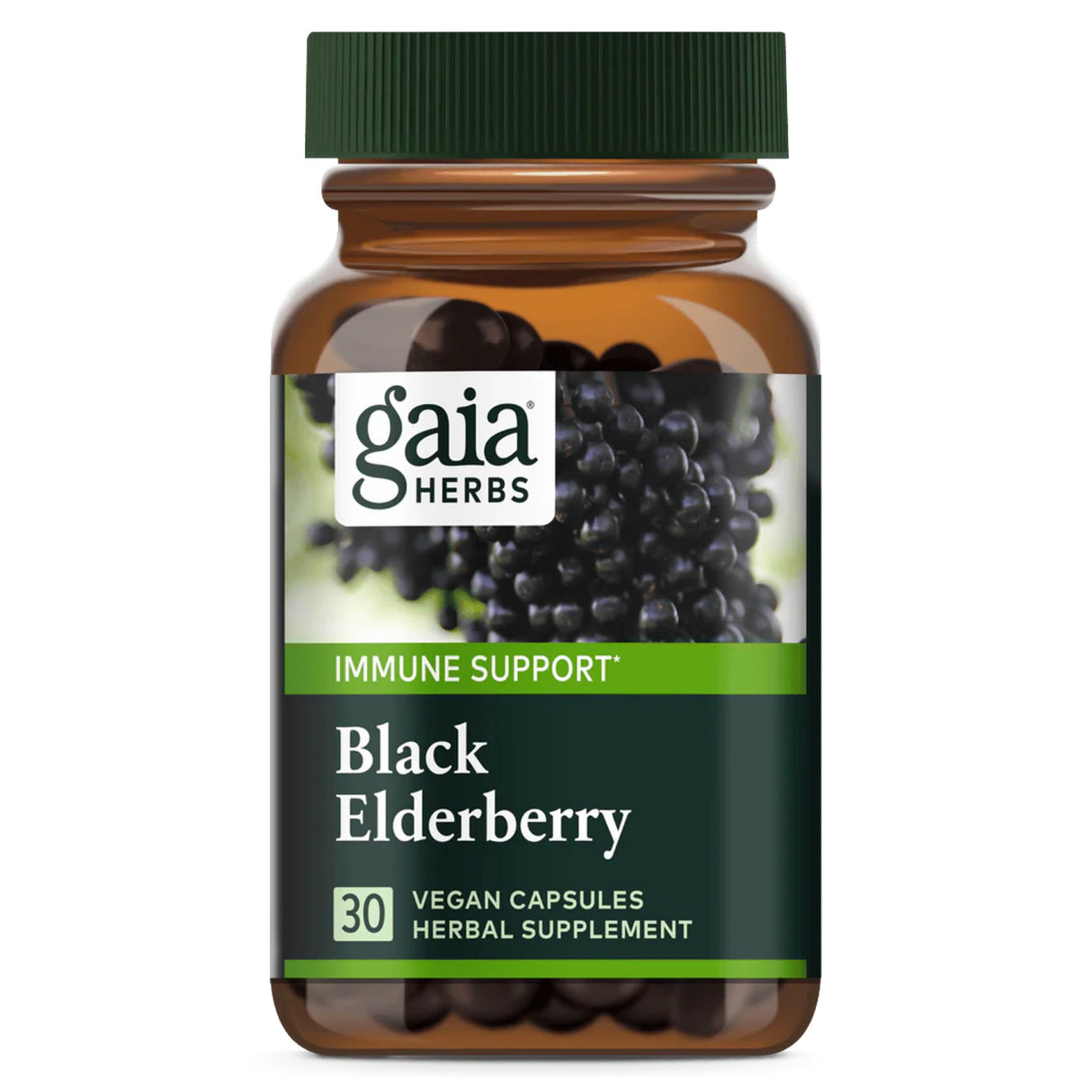 Ein Glasbehälter mit einem grünen Schraubdeckel enthält schwarze Holunderbeeren. Auf dem Etikett steht "gaia HERBS", "IMMUNE SUPPORT", "Black Elderberry", "30 VEGAN CAPSULES HERBAL SUPPLEMENT". Die Flasche ist transparent und zeigt die Beeren im Inneren.