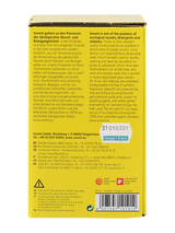 Die Abbildung zeigt die Rückseite einer gelben Verpackung von Sonett, einem ökologischen Wasch- und Reinigungsmittel. Auf der Verpackung sind Texte in Deutsch und Englisch, die die umweltfreundlichen Eigenschaften des Produkts hervorheben. Es gibt Kontaktinformationen für verschiedene Länder sowie ein Barcode und eine Chargennummer. Das Produkt wird in Deutschland hergestellt.