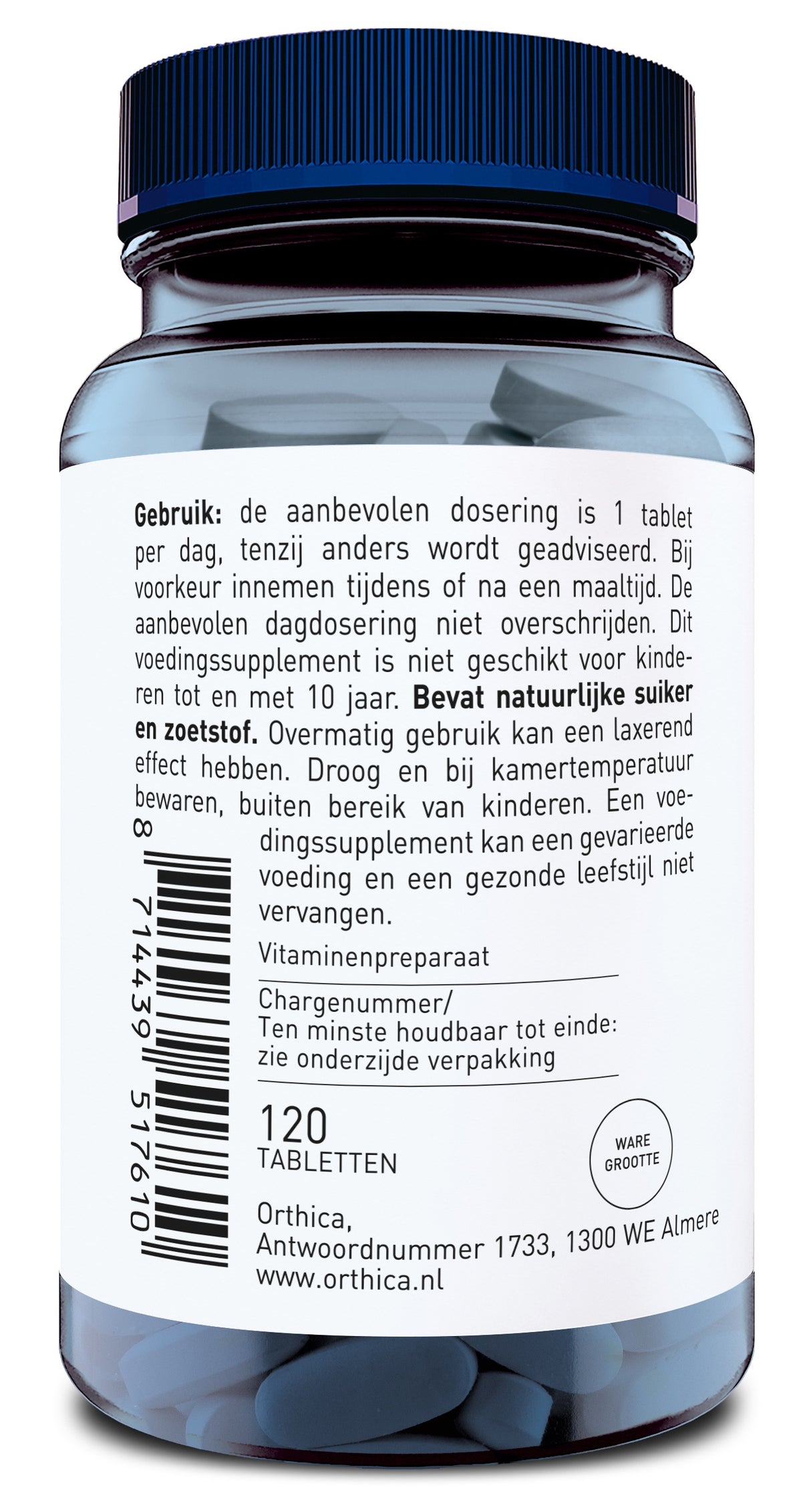 Ein blaues Glas mit Schraubverschluss enthält 120 Tabletten eines Nahrungsergänzungsmittels von Orthica. Das Etikett ist in niederländischer Sprache und enthält Dosierungsanweisungen und Inhaltsstoffe. Das Produkt ist nicht für Kinder bis 10 Jahre geeignet.