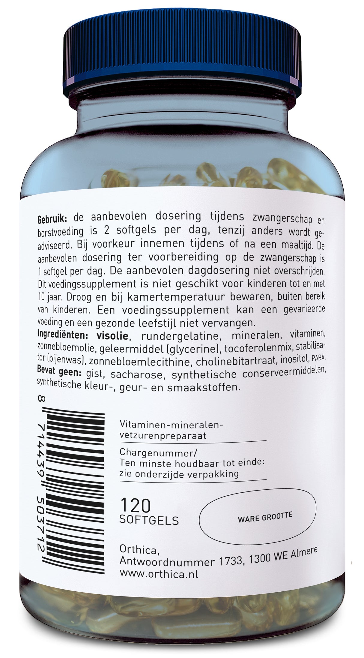 Das Bild zeigt eine Flasche mit einem blauen Schraubverschluss und einem Etikett in niederländischer Sprache. Die Flasche enthält 120 Softgels eines Vitamin-Mineralpräparats der Marke Orthica. Auf dem Etikett sind Gebrauchsanweisungen, Zutaten und Herstellerinformationen zu sehen. Die Flasche ist durchsichtig und zeigt die gelben Softgels im Inneren. Die Adresse des Herstellers ist in Almere, Niederlande.