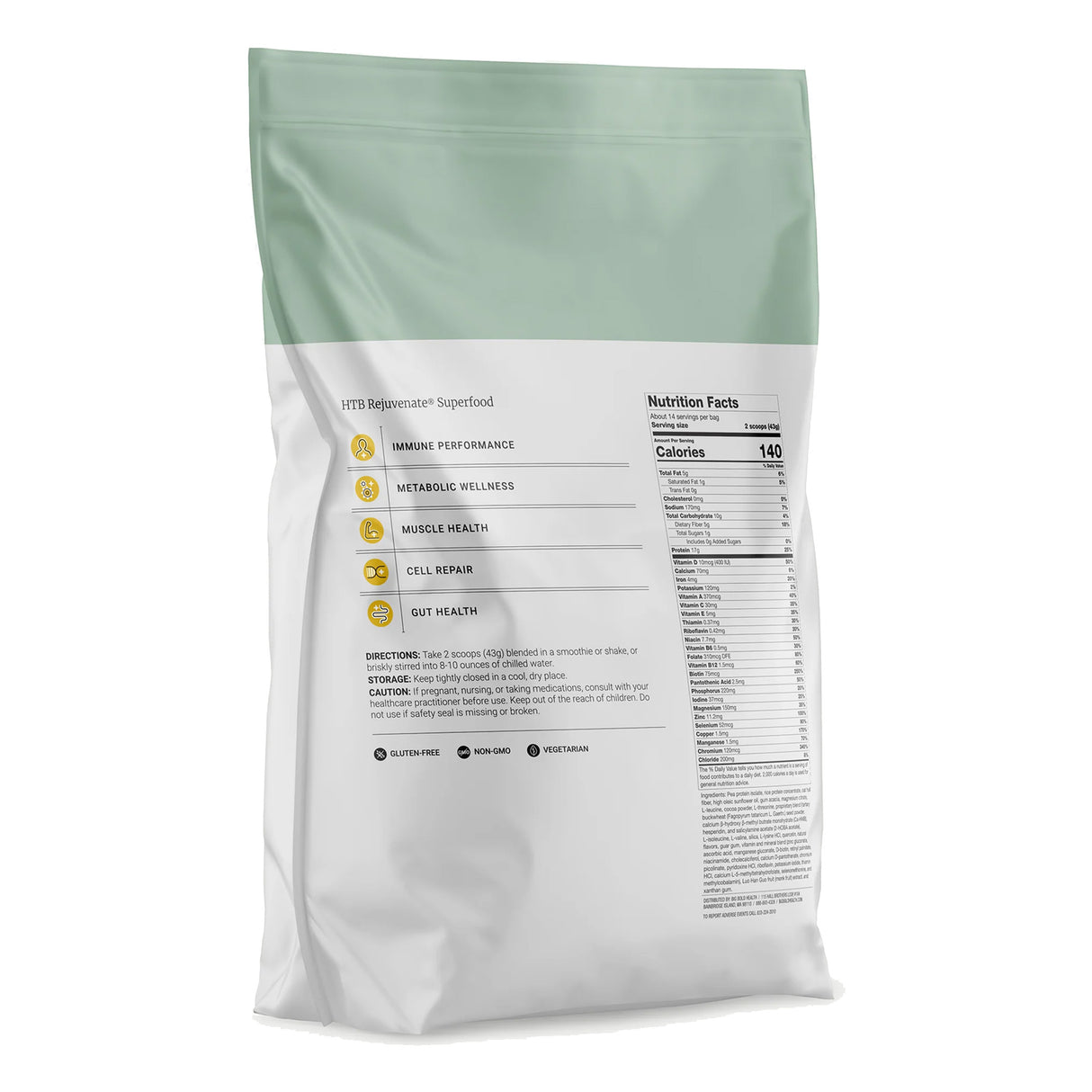 Die Abbildung zeigt eine weiße Verpackung eines Superfood-Produkts namens HTB Rejuvenate. Auf der Verpackung sind Informationen zur Nährwerttabelle und den Vorteilen des Produkts wie Immunleistung, Stoffwechselgesundheit, Muskelgesundheit, Zellreparatur und Darmgesundheit aufgedruckt. Die Verpackung hat einen hellgrünen oberen Bereich und enthält Symbole für glutenfrei, gentechnikfrei und vegetarisch. Die Nährwertangaben zeigen 140 Kalorien pro Portion.