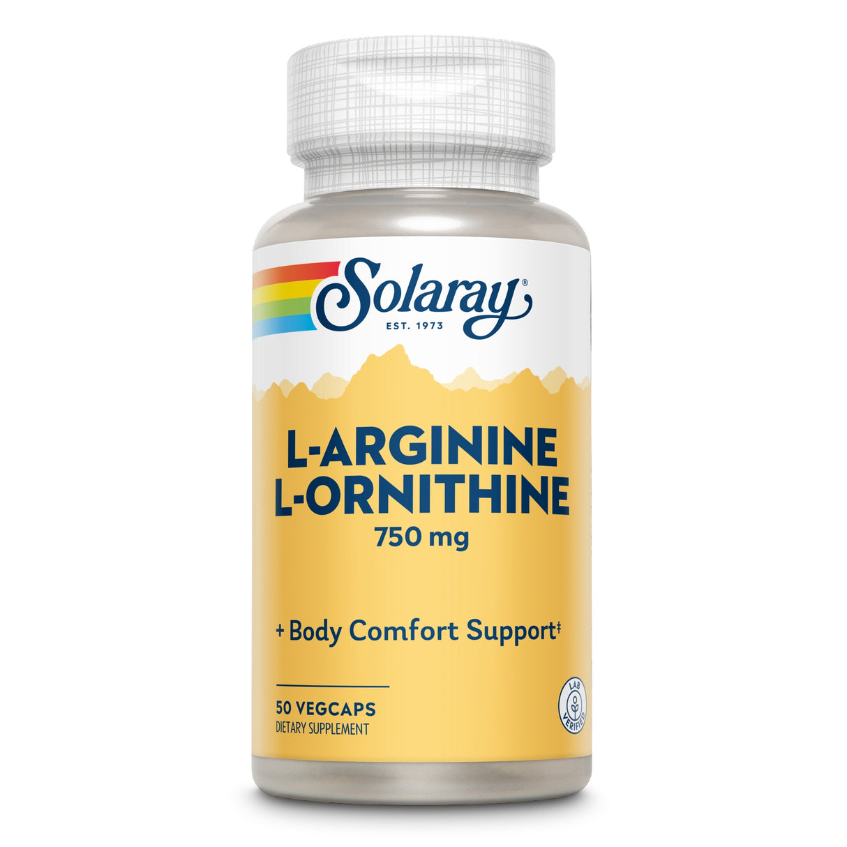 Eine Flasche Solaray L-Arginine L-Ornithine Nahrungsergänzungsmittel. Die Flasche ist weiß mit einem gelben Etikett, das den Produktnamen und die Dosierung von 750 mg anzeigt. Enthält 50 Veggie-Kapseln zur Unterstützung des Körperkomforts.