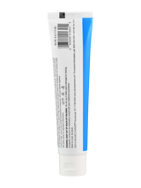Eine blaue Tube mit weißem Verschluss, die aufrecht steht. Auf der Tube befinden sich Text und ein Barcode. Die Tube hat eine glänzende Oberfläche.