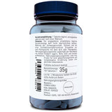 Ein blaues Glasgefäß mit weißem Etikett, das Nahrungsergänzungsmittel-Tabletten enthält. Auf dem Etikett stehen Verzehrempfehlungen und Sicherheitshinweise. Die Nettomenge beträgt 35g und es sind 120 Tabletten enthalten. Das Produkt stammt von Orthica, mit einer Adresse in Almere, Niederlande.