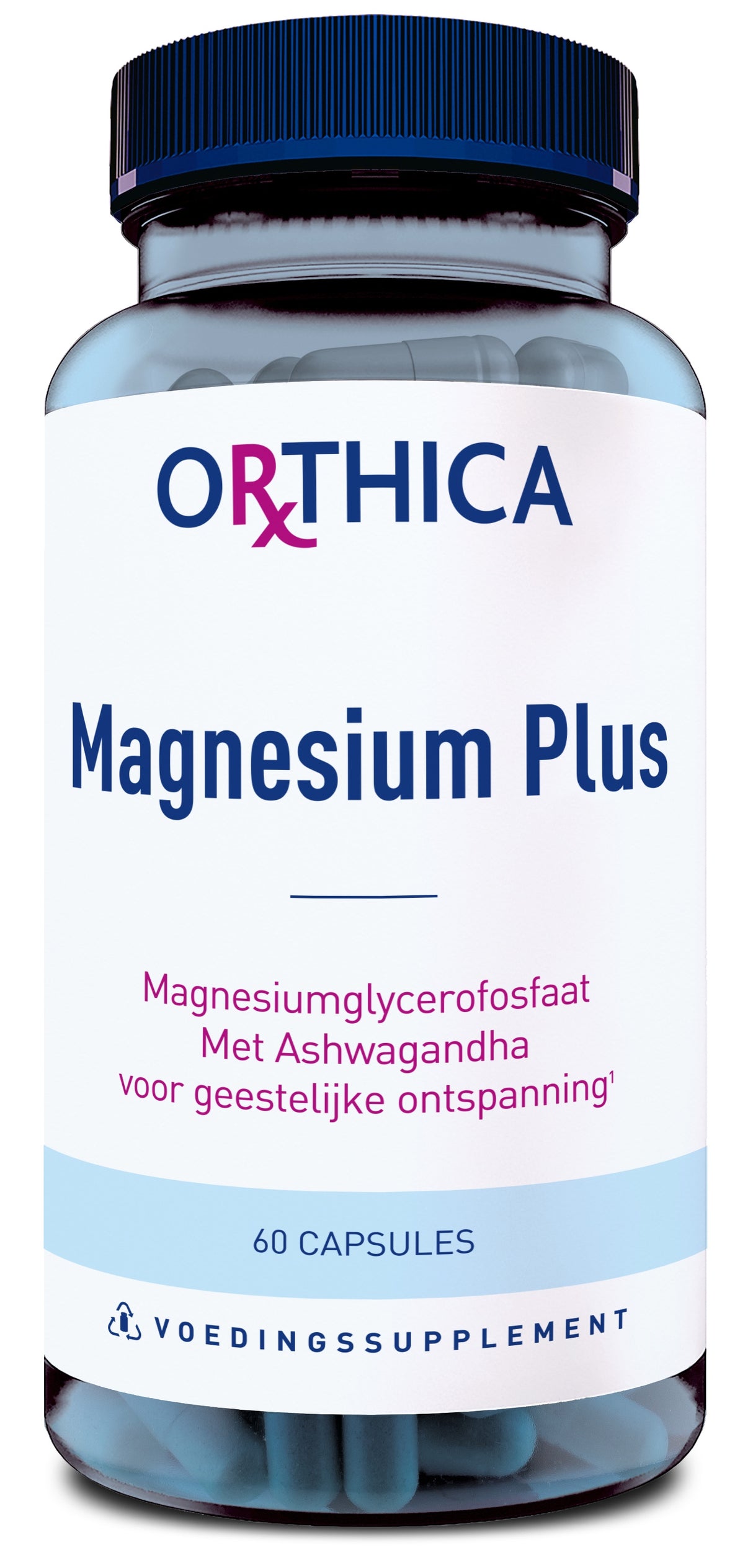 Das Bild zeigt eine Flasche mit dem Nahrungsergänzungsmittel "Orthica Magnesium Plus". Die Flasche hat einen blauen Deckel und enthält 60 Kapseln. Auf dem Etikett steht "Magnesiumglycerofosfaat Met Ashwagandha voor geestelijke ontspanning". Das Produkt dient zur Unterstützung der geistigen Entspannung.