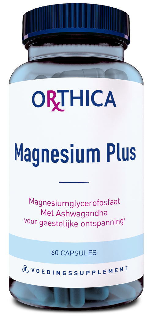 Das Bild zeigt eine Flasche mit dem Nahrungsergänzungsmittel "Orthica Magnesium Plus". Die Flasche hat einen blauen Deckel und enthält 60 Kapseln. Auf dem Etikett steht "Magnesiumglycerofosfaat Met Ashwagandha voor geestelijke ontspanning". Das Produkt dient zur Unterstützung der geistigen Entspannung.