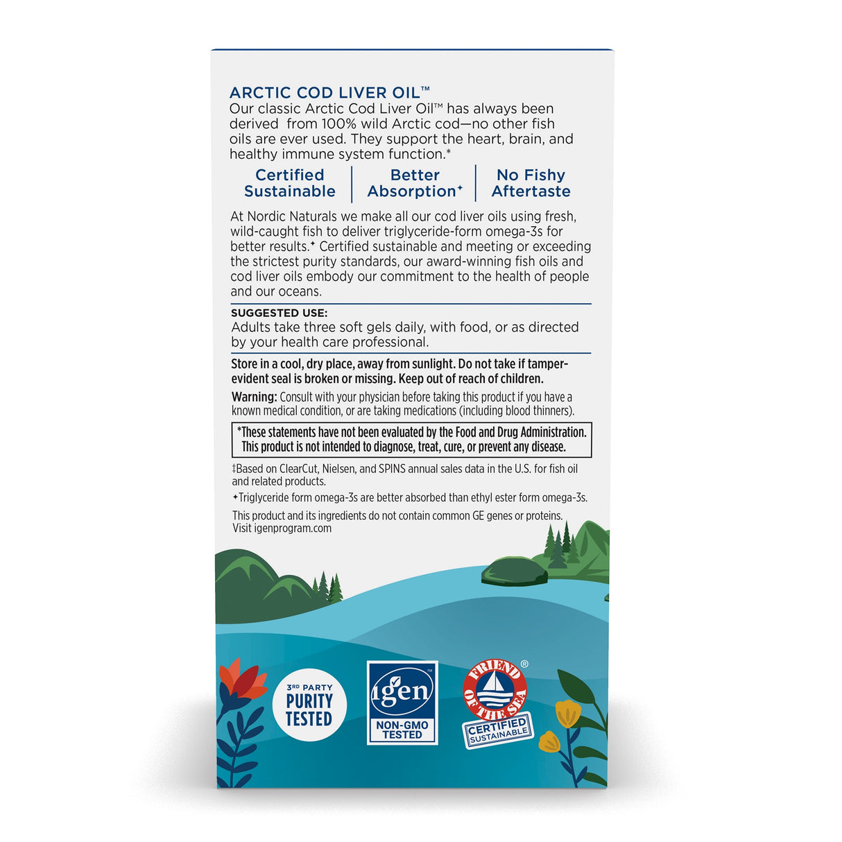 Die Verpackung einer Nahrungsergänzungsmittelbox mit dem Namen 'Arctic Cod Liver Oil'. Auf der Vorderseite sind Informationen zur Nachhaltigkeit, Absorption und Geschmack vorhanden. Es gibt Anweisungen zur Verwendung und Warnhinweise. Unten sind Logos für Reinheit, gentechnikfreie Tests und zertifizierte Nachhaltigkeit.