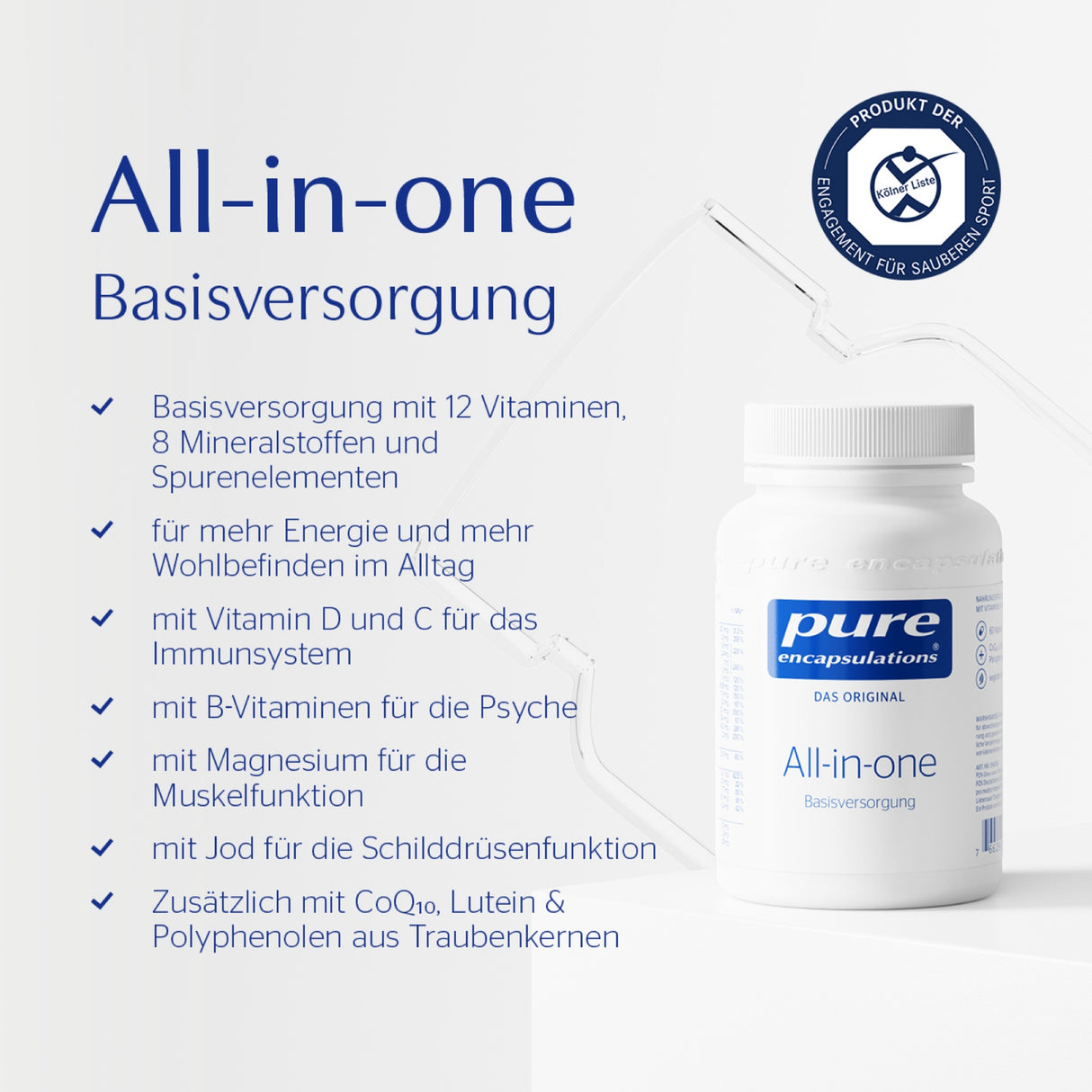 Das Bild zeigt eine Produktwerbung für "All-in-one Basisversorgung" von Pure Encapsulations. Links sind die Vorteile des Produkts aufgelistet: 12 Vitamine, 8 Mineralstoffe und Spurenelemente, Energie und Wohlbefinden, Unterstützung des Immunsystems, der Psyche, der Muskelfunktion und der Schilddrüsenfunktion sowie zusätzliche Inhaltsstoffe wie CoQ10, Lutein und Polyphenole aus Traubenkernen. Rechts ist ein weißes Produktgefäß mit blauem Etikett abgebildet. Oben rechts befindet sich ein Logo mit der Aufschri