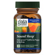 Das Bild zeigt ein Glas mit Nahrungsergänzungsmitteln der Marke Gaia Herbs. Auf dem Etikett steht 'Sound Sleep', 'Gaia-grown California Poppy & Skullcap'. Es ist ein veganes Produkt mit 30 Flüssigkapseln. Das Etikett hat ein Bild von orangefarbenen Mohnblumen und einen Hinweis auf eine neue und verbesserte Formel.