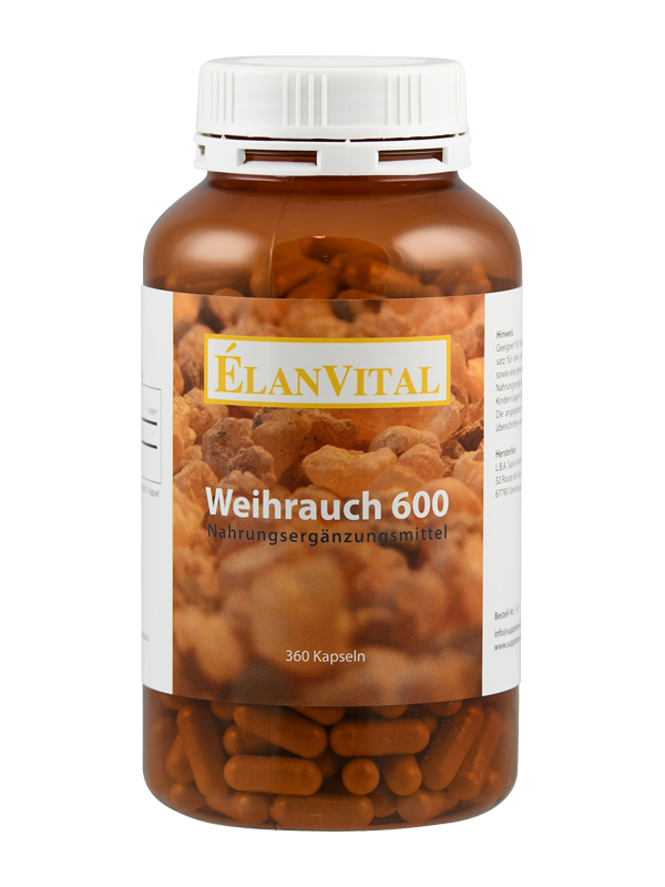Braune Plastikflasche mit Etikett 'ÉlanVital Weihrauch 600 Nahrungsergänzungsmittel'. Enthält 360 Kapseln.