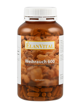 Braune Plastikflasche mit Etikett 'ÉlanVital Weihrauch 600 Nahrungsergänzungsmittel'. Enthält 360 Kapseln.