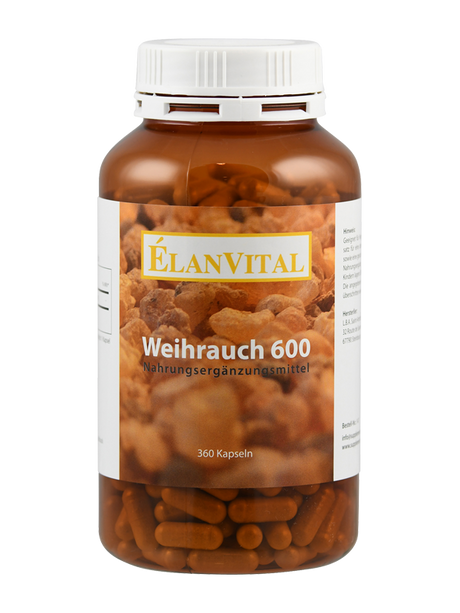 Braune Plastikflasche mit Etikett 'ÉlanVital Weihrauch 600 Nahrungsergänzungsmittel'. Enthält 360 Kapseln.