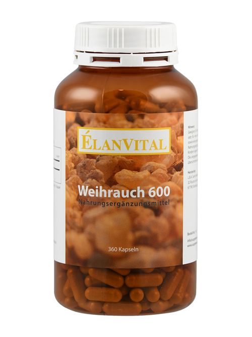 Braune Plastikflasche mit Etikett 'ÉlanVital Weihrauch 600 Nahrungsergänzungsmittel'. Enthält 360 Kapseln.