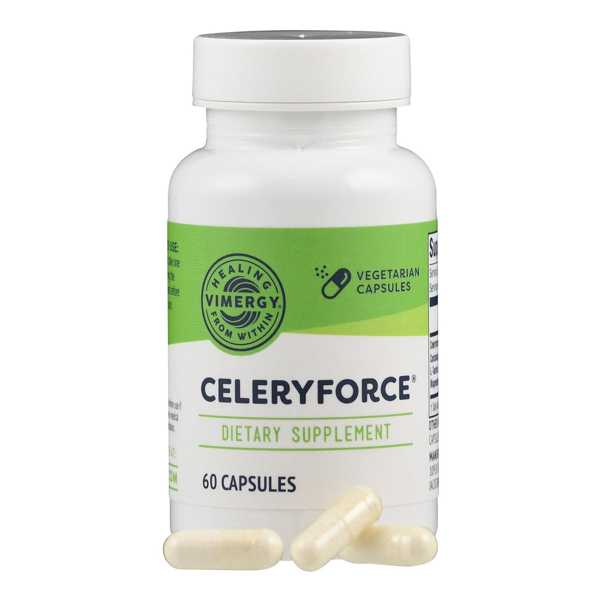 Weißes Fläschchen mit grünem Etikett, Aufschrift 'Celeryforce', 60 vegetarische Kapseln. Nahrungsergänzungsmittel von Vimergy.