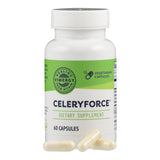 Weißes Fläschchen mit grünem Etikett, Aufschrift 'Celeryforce', 60 vegetarische Kapseln. Nahrungsergänzungsmittel von Vimergy.