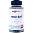 Eine blaue Plastikflasche mit weißem Etikett, auf dem "Orthica Orthiflor Basic" steht. Enthält 90 Kapseln Probiotika zur täglichen Verwendung. Das Etikett zeigt auch ein pinkfarbenes Logo und den Text "VOEDINGSSUPPLEMENT".