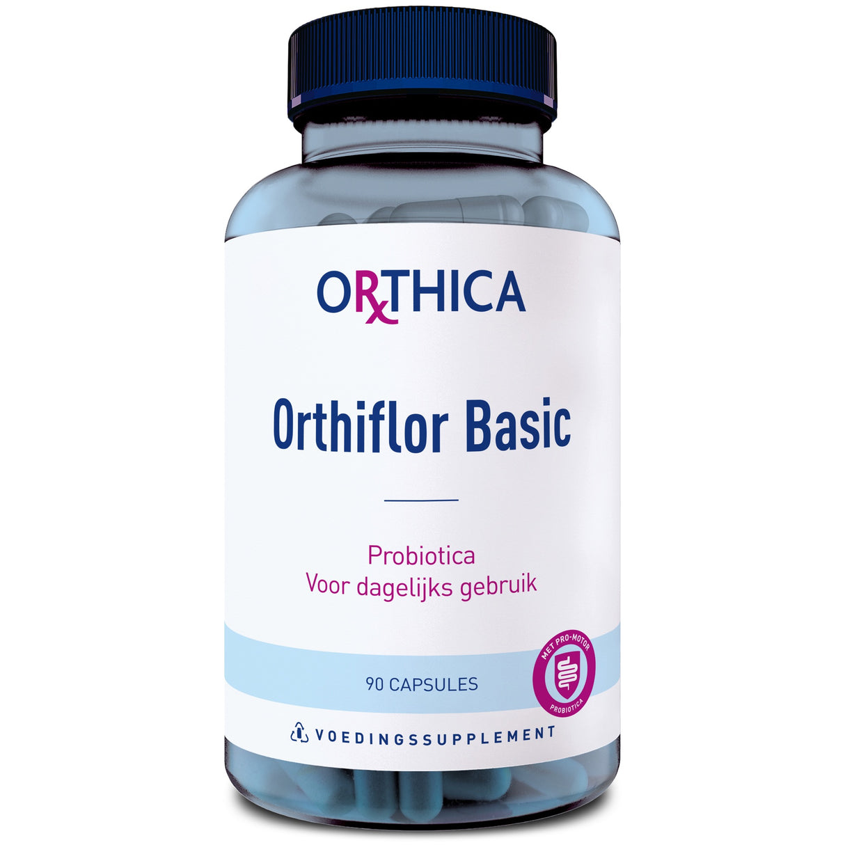 Eine blaue Plastikflasche mit weißem Etikett, auf dem "Orthica Orthiflor Basic" steht. Enthält 90 Kapseln Probiotika zur täglichen Verwendung. Das Etikett zeigt auch ein pinkfarbenes Logo und den Text "VOEDINGSSUPPLEMENT".