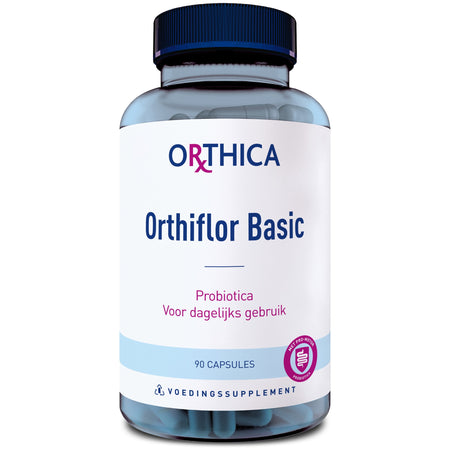 Eine blaue Plastikflasche mit weißem Etikett, auf dem "Orthica Orthiflor Basic" steht. Enthält 90 Kapseln Probiotika zur täglichen Verwendung. Das Etikett zeigt auch ein pinkfarbenes Logo und den Text "VOEDINGSSUPPLEMENT".
