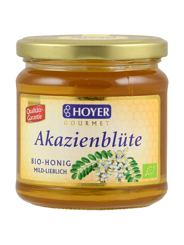 Ein Glas Hoyer Gourmet Akazienblüte Bio-Honig, mild-lieblich, mit Qualitäts-Garantie-Siegel.