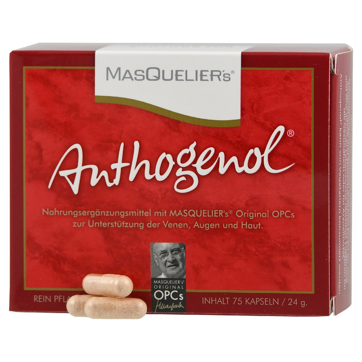 Rote Verpackung von Anthogenol, einem Nahrungsergänzungsmittel mit OPCs zur Unterstützung von Venen, Augen und Haut. Enthält 75 Kapseln.