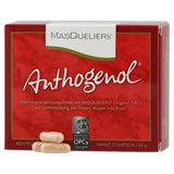 Rote Verpackung von Anthogenol, einem Nahrungsergänzungsmittel mit OPCs zur Unterstützung von Venen, Augen und Haut. Enthält 75 Kapseln.