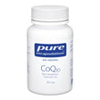 Das Bild zeigt eine weiße Plastikflasche mit einem Schraubverschluss. Auf dem Etikett steht 'pure encapsulations CoQ10 Rein bioaktives Coenzym Q10 120 mg'. Die Flasche ist vor einem weißen Hintergrund platziert.