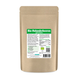 Eine braune Verpackungstüte mit einem Etikett, das "Bio-Holunderbeeren (getrocknet)" zeigt. Das Etikett enthält Informationen zu Inhaltsstoffen, Nährwerten und einem Rezeptvorschlag. Ein QR-Code ist ebenfalls vorhanden. Die Verpackung steht aufrecht vor einem weißen Hintergrund.