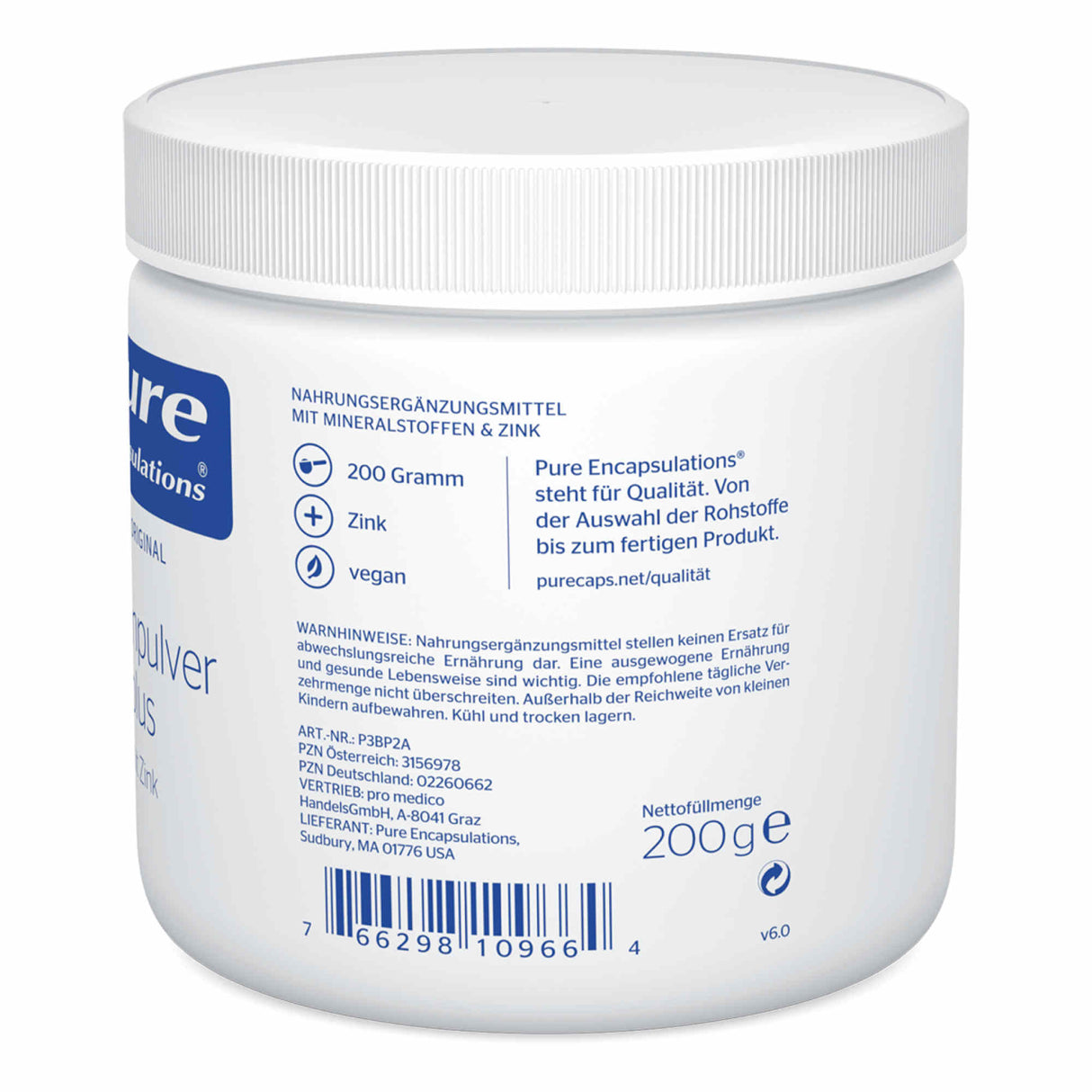 Das Bild zeigt eine weiße Plastikdose mit einem Schraubdeckel. Auf dem Etikett steht "Pure Encapsulations". Es handelt sich um ein Nahrungsergänzungsmittel mit Mineralstoffen und Zink. Die Dose hat ein Volumen von 200 Gramm und ist vegan. Weitere Informationen auf dem Etikett betreffen Qualität und Lagerungshinweise. Am unteren Rand ist ein Barcode sichtbar.