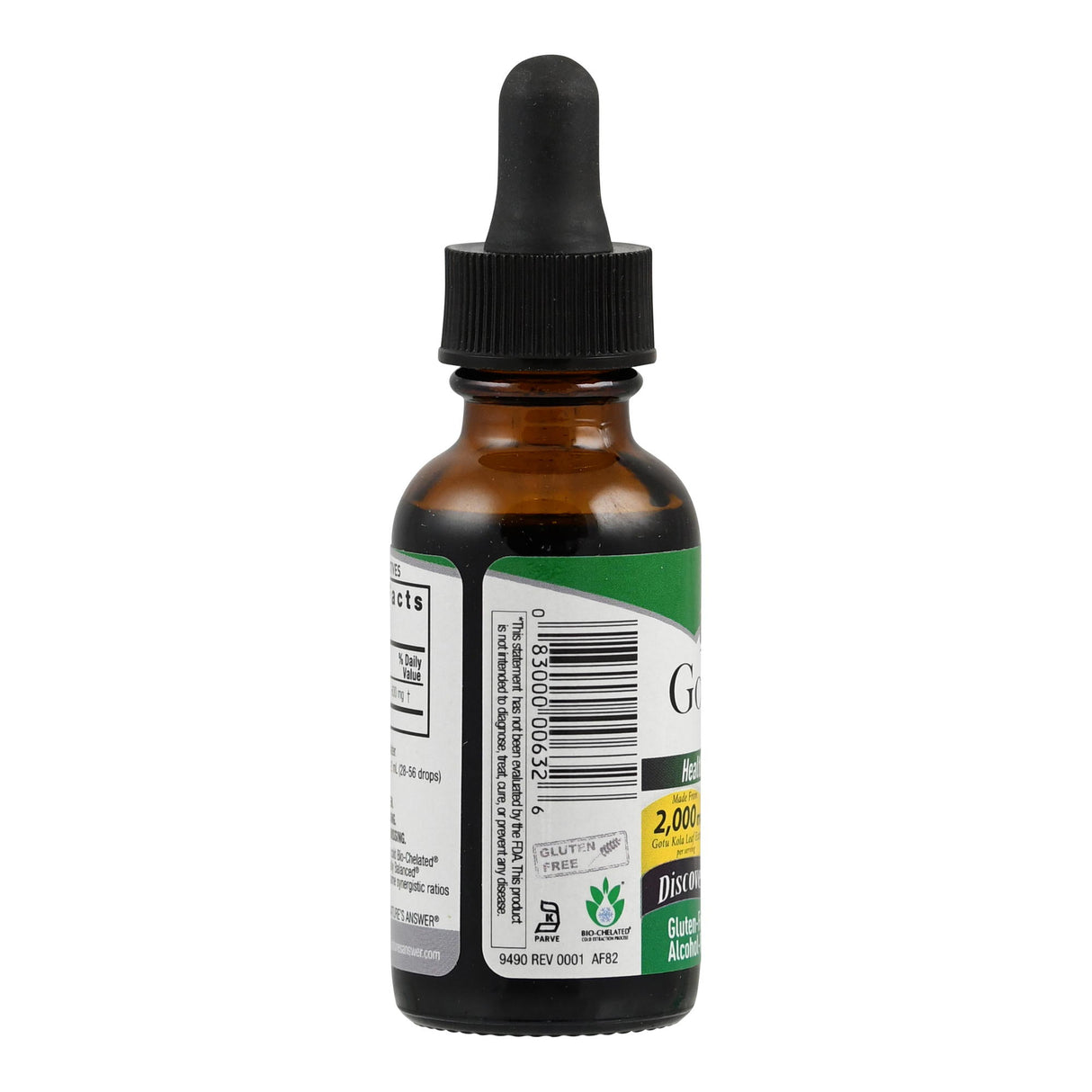 Eine braune Glasflasche mit schwarzem Tropfverschluss, teilweise mit einem grünen Etikett bedeckt. Das Etikett zeigt einen Barcode und verschiedene Informationen, darunter 'Gluten Free' und 'Bio-Certified'.