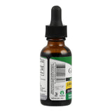 Eine braune Glasflasche mit schwarzem Tropfverschluss, teilweise mit einem grünen Etikett bedeckt. Das Etikett zeigt einen Barcode und verschiedene Informationen, darunter 'Gluten Free' und 'Bio-Certified'.