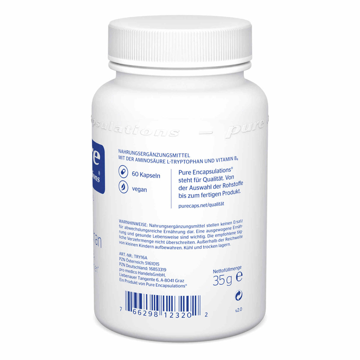 Eine weiße Plastikflasche mit einem blauen Etikett, das Details zu einem Nahrungsergänzungsmittel von Pure Encapsulations zeigt. Das Etikett informiert über Inhaltsstoffe wie L-Tryptophan und Vitamin B6, vegan, 60 Kapseln, und enthält Hinweise zur Qualität und Lagerung. Der Produktname und der Hersteller sind ebenfalls angegeben. Die Flasche steht aufrecht vor einem neutralen Hintergrund.