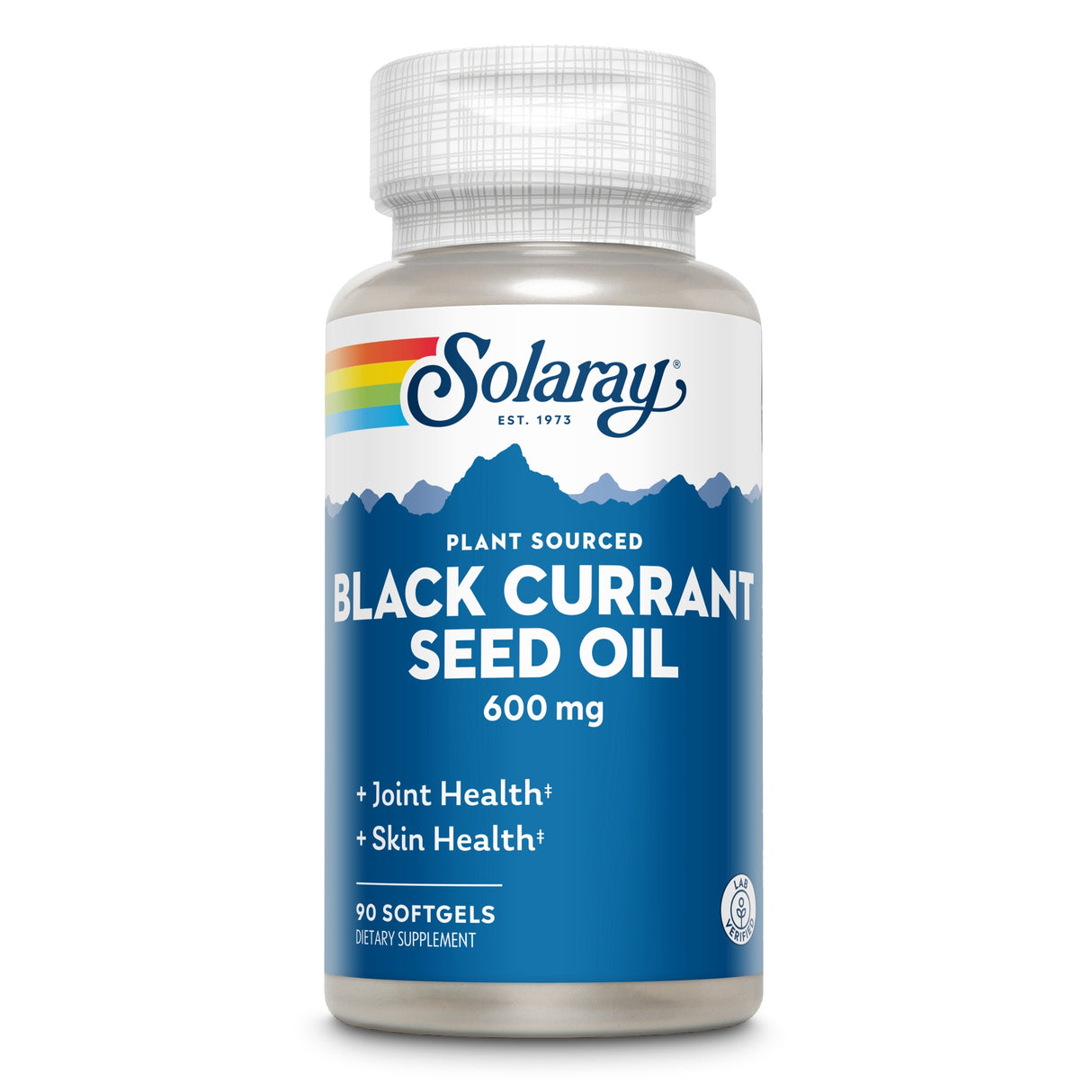 Eine Flasche mit dem Etikett 'Solaray Black Currant Seed Oil 600 mg'. Die Flasche ist blau und weiß mit einem Regenbogenstreifen oben. Sie enthält 90 Softgel-Kapseln und betont die Vorteile für Gelenk- und Hautgesundheit. Das Produkt ist pflanzlich.