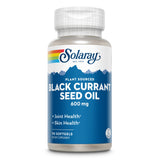 Eine Flasche mit dem Etikett 'Solaray Black Currant Seed Oil 600 mg'. Die Flasche ist blau und weiß mit einem Regenbogenstreifen oben. Sie enthält 90 Softgel-Kapseln und betont die Vorteile für Gelenk- und Hautgesundheit. Das Produkt ist pflanzlich.