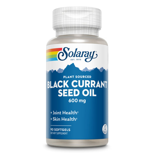 Eine Flasche mit dem Etikett 'Solaray Black Currant Seed Oil 600 mg'. Die Flasche ist blau und weiß mit einem Regenbogenstreifen oben. Sie enthält 90 Softgel-Kapseln und betont die Vorteile für Gelenk- und Hautgesundheit. Das Produkt ist pflanzlich.
