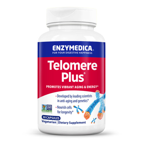 Flasche mit Nahrungsergänzungsmittel 'Telomere Plus' von Enzymedica, 30 vegetarische Kapseln, fördert Energie und gesundes Altern.