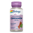 Eine Flasche mit Nahrungsergänzungsmittel der Marke Solaray. Das Produkt heißt "Vital Extracts Cinnamon 300 mg" und unterstützt den Blutzuckerspiegel. Die Flasche ist lila mit einem Etikett, das Zimtstangen und ein grünes Blatt zeigt. Enthält 60 VegCaps.