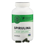 Weiße Flasche mit grünem Etikett, Aufschrift "Spirulina Dietary Supplement", 180 vegetarische Kapseln. Marke: Vimergy.