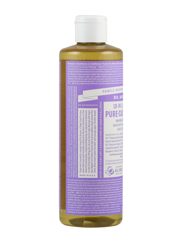 Eine Flasche Dr. Bronner's 18-in-1 Pure-Castile Seife mit Lavendelduft. Die Flasche ist zylindrisch, transparent mit einem weißen Verschluss und einem lila Etikett, das viele Informationen und Text enthält.