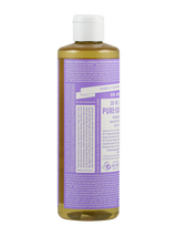 Eine Flasche Dr. Bronner's 18-in-1 Pure-Castile Seife mit Lavendelduft. Die Flasche ist zylindrisch, transparent mit einem weißen Verschluss und einem lila Etikett, das viele Informationen und Text enthält.