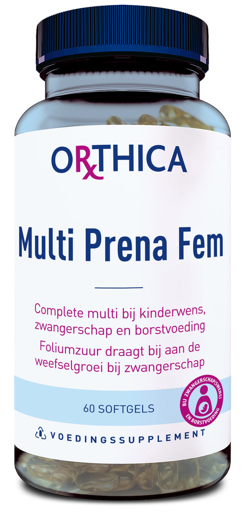 Ein Behälter mit dem Etikett 'Orthica Multi Prena Fem', das Nahrungsergänzungsmittel für Schwangerschaft und Stillzeit beschreibt. Enthält 60 Softgels und ist für Gewebeentwicklung in der Schwangerschaft geeignet.